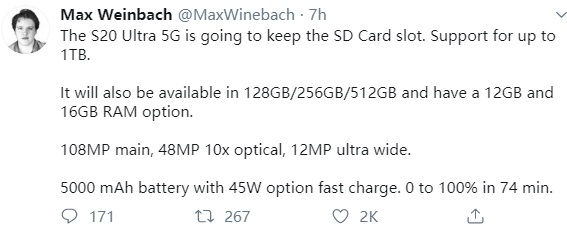三星Galaxy S20 Ultra 5G将保留SD卡插槽,最高支持1TB存储卡扩展